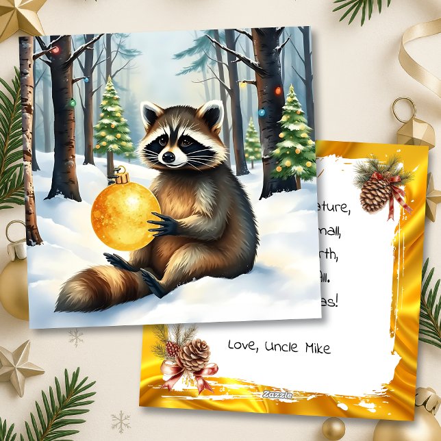 Cartes Pour Fêtes Annuelles Cute Winter Raccoon with Gold Ornament Christmas (Créateur téléchargé)