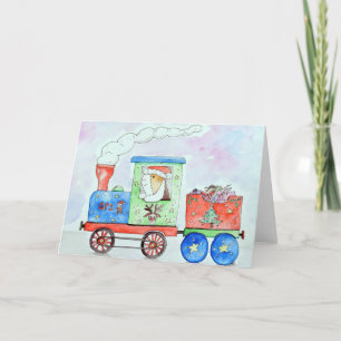 Cartes Pour Fêtes Annuelles Cutie dans son train de Noël aquarelle peinture