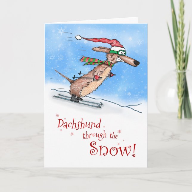 Cartes Pour Fêtes Annuelles Dachshund à travers la neige Joyeux Noël (Devant)