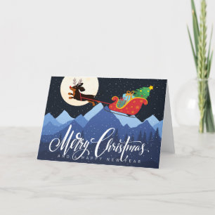Cartes Pour Fêtes Annuelles Dachshund Cerf Traîneau Montagne Lune Neige Noël