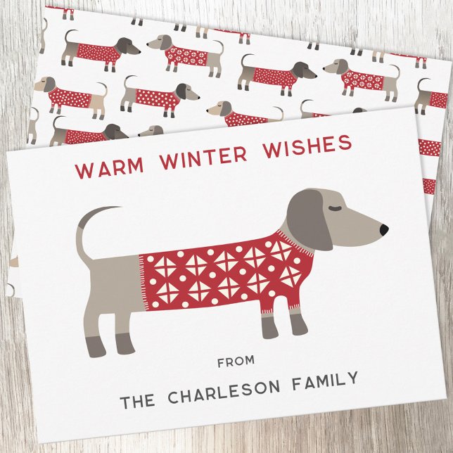 Cartes Pour Fêtes Annuelles Dachshund Chien amusant (Dachshund Sausage or Wiener Dog in red and white cosy knitwear for a fun Christmas holiday card)