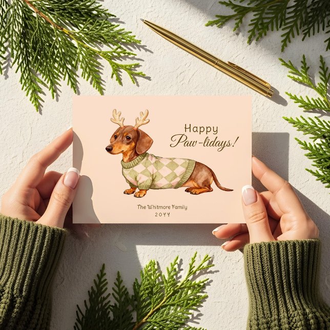 Cartes Pour Fêtes Annuelles Dachshund Chien Noël À damiers Sweat Photo (Dachshund Dog Christmas Checkered Sweater Photo Holiday Card)
