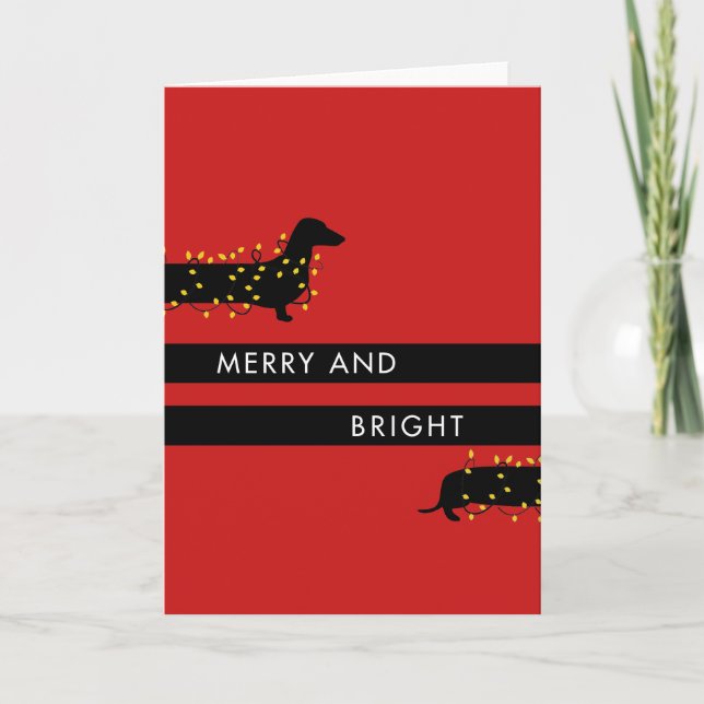 Cartes Pour Fêtes Annuelles Dachshund drôle avec les lumières de Noël (Devant)