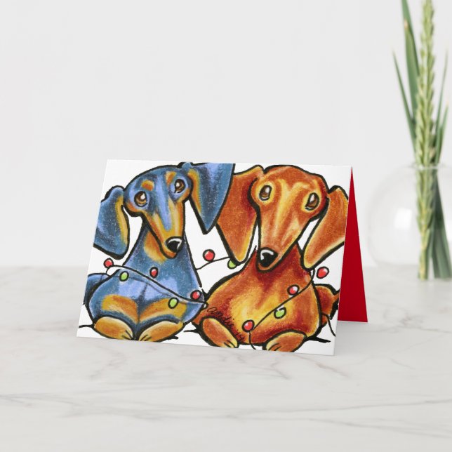 Cartes Pour Fêtes Annuelles Dachshund lumières de Noël rouge à l'intérieur per (Devant)