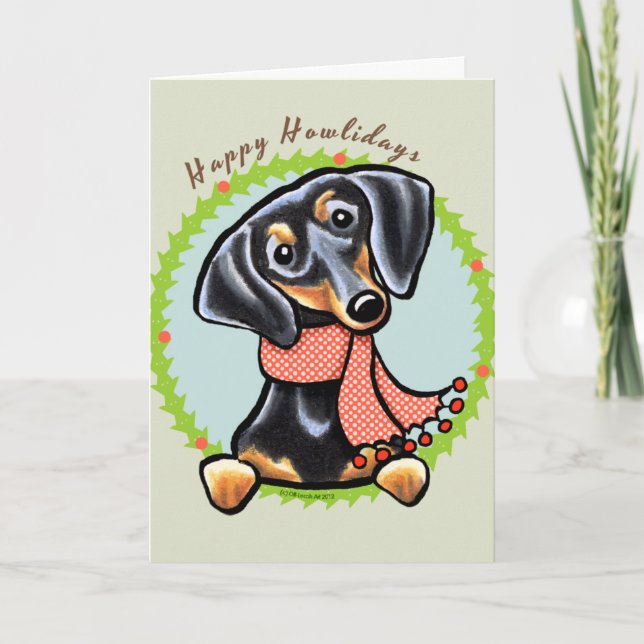 Cartes Pour Fêtes Annuelles Dachshund noir lisse Joyeux Howlidays (Devant)