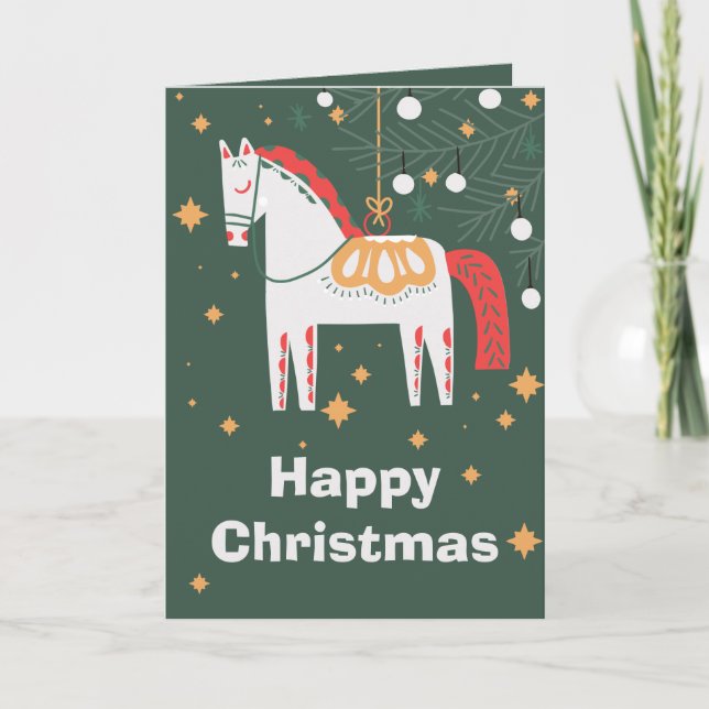 Cartes Pour Fêtes Annuelles Dala suédois Cheval Noël, blanc (Devant)