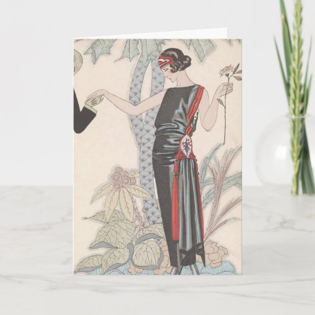Cartes Pour Fêtes Annuelles Dame Art Déco - debout à côté de l'arbre. (Devant)