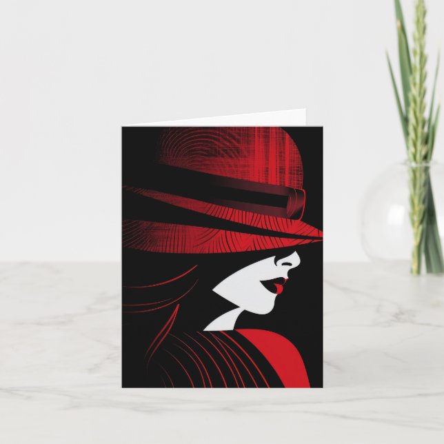 Cartes Pour Fêtes Annuelles Dame Art Déco Rouge et Noir avec Chapeau (Devant)