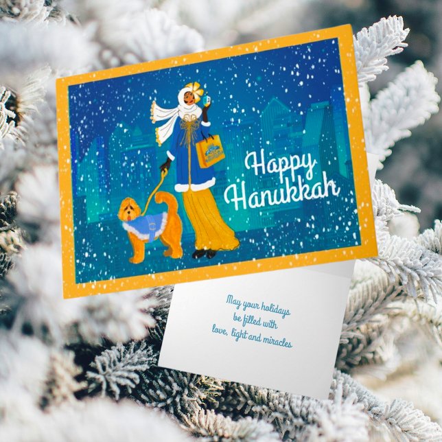 Cartes Pour Fêtes Annuelles Dame Art Nouveau personnalisée avec Doodle Dog (A beautiful snowy night for Hanukkah shopping. I think her Doodle Dog approves!)