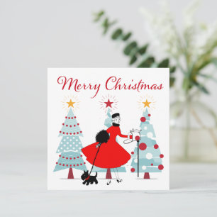 Cartes Pour Fêtes Annuelles Dame de Noël vintage 1950 avec chien