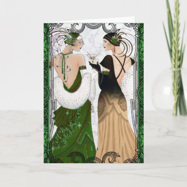 Cartes Pour Fêtes Annuelles Dames Flapper de Noël Martini Vintage des années 1 (Devant)