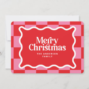 Cartes Pour Fêtes Annuelles Damier Rétro Rose Rouge Joyeux Noël Famille