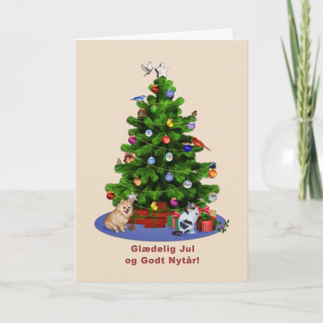 Cartes Pour Fêtes Annuelles Danois, Joyeux arbre de Noël, Oiseaux, Chat, Chien (Devant)