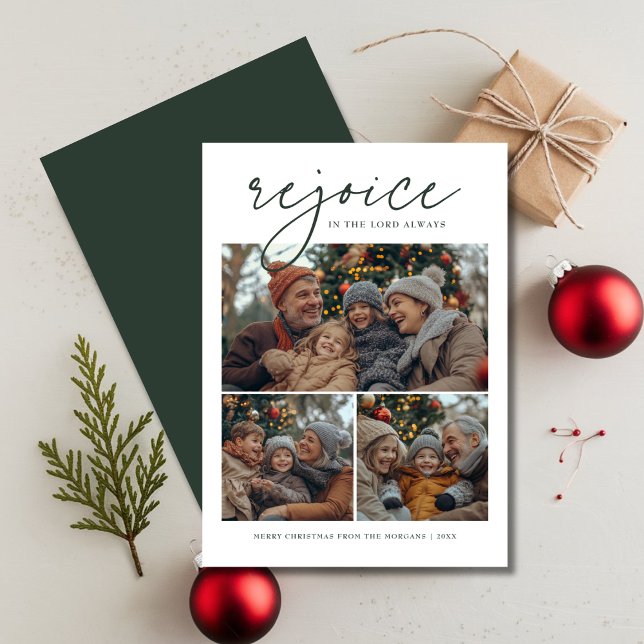 Cartes Pour Fêtes Annuelles Dark Green Rejoice Photo de Noël religieux (Créateur téléchargé)