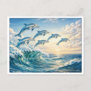Cartes Pour Fêtes Annuelles Dauphins bondissants au coucher du soleil sur une