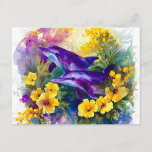 Cartes Pour Fêtes Annuelles Dauphins Océan Aquarelle Fleurs Tropicales