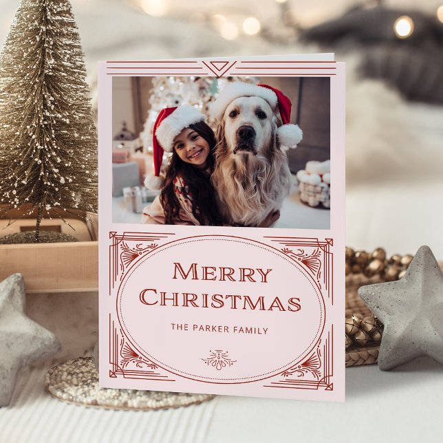 Cartes Pour Fêtes Annuelles Déco moderne | Élégant rose et rouge avec photo (A stylish blush pink and red Christmas card with elegant art deco accents)