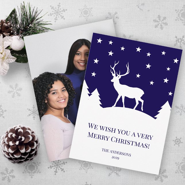 Cartes Pour Fêtes Annuelles Deer Blue White Winter Christmas Family Photo (Créateur téléchargé)