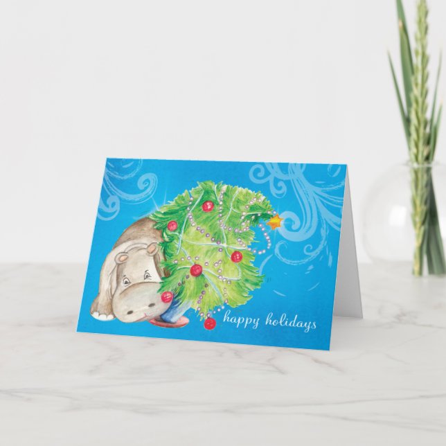 Cartes Pour Fêtes Annuelles Dégringolade d'arbre d'hippopotame et de Noël (Devant)