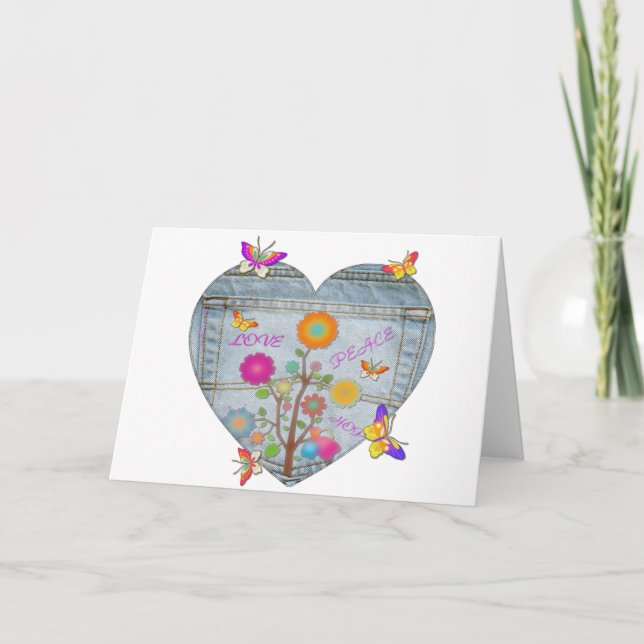 Cartes Pour Fêtes Annuelles Denim Pocket Heart Flowers Papillons Voiture de va (Devant)