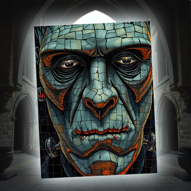 Cartes Pour Fêtes Annuelles Déplaisant Frankenstein Monster Cracked Visage Clo (Crackled Frankenstein face postcard with eerie gray-green skin and droopy, haunting eyes.)