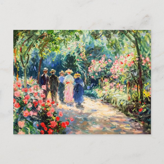 Cartes Pour Fêtes Annuelles Des gens qui marchent dans le jardin rose (Devant)