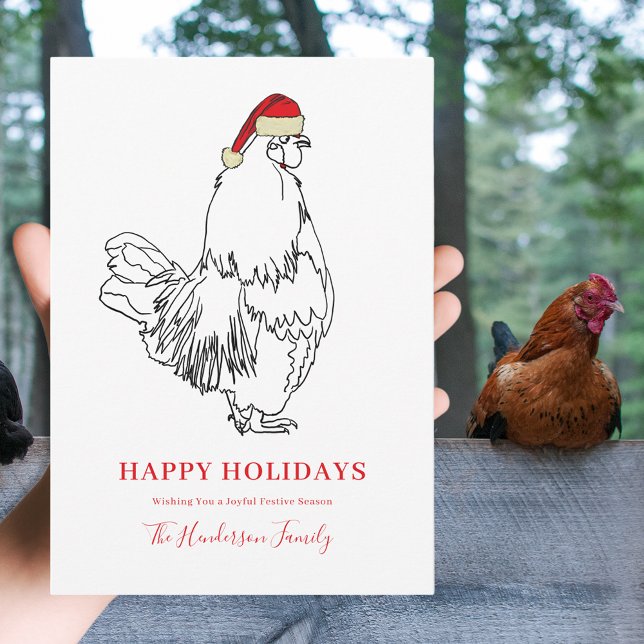 Cartes Pour Fêtes Annuelles Dessin de Noël simple (Christmas rooster wearing Santa hat simple farm chicken line art drawing custom happy holidays card)