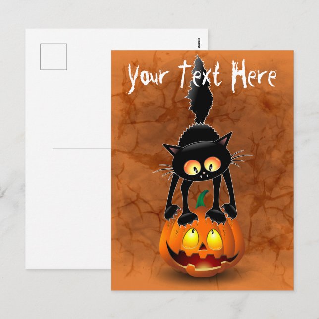 Cartes Pour Fêtes Annuelles Dessin d'Halloween au chat effrayé sur Citrouille (Devant / Derrière)