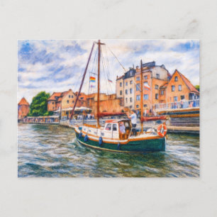 Cartes Pour Fêtes Annuelles Dessin pastel d'un voilier sur la Motlawa à Danzig