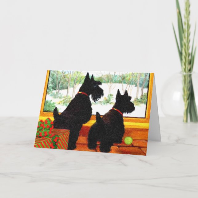 Cartes Pour Fêtes Annuelles Deux chiens de Scottie attendant le père noël (Devant)