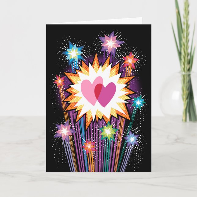 Cartes Pour Fêtes Annuelles Deux Coeurs Feu d'artifice coloré Valentine (Devant)