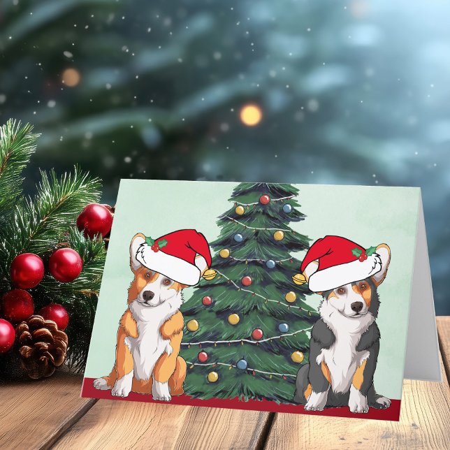 Cartes Pour Fêtes Annuelles Deux Corgi Christmas Tree Chien Santa Hat Cute (Créateur téléchargé)
