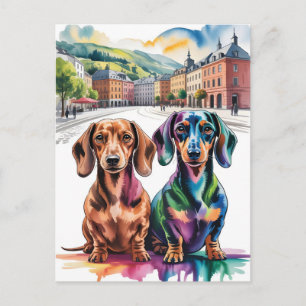 Cartes Pour Fêtes Annuelles Deux dachshunds colorés sur une place de ville eur