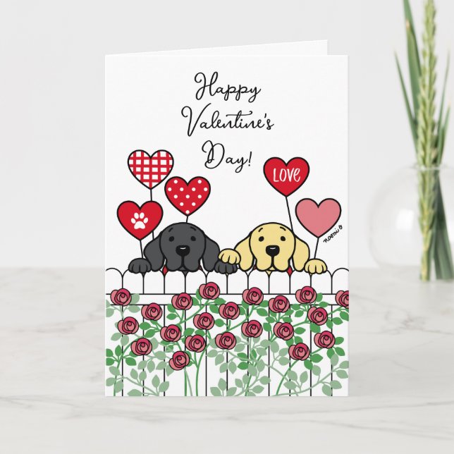Cartes Pour Fêtes Annuelles Deux Labradors regardent des Roses de caricatures  (Devant)