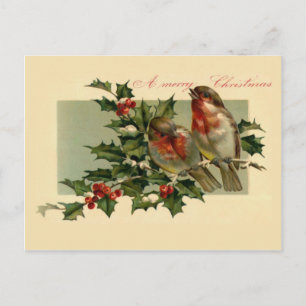 Cartes Pour Fêtes Annuelles Deux oiseaux sur une branche de Holly