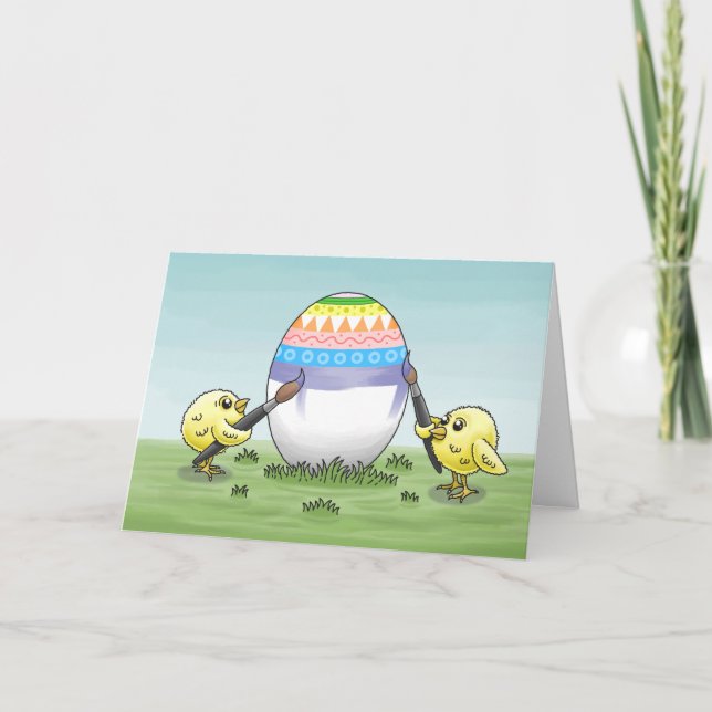 Cartes Pour Fêtes Annuelles Deux poulets peignant un œuf de Pâques (Devant)