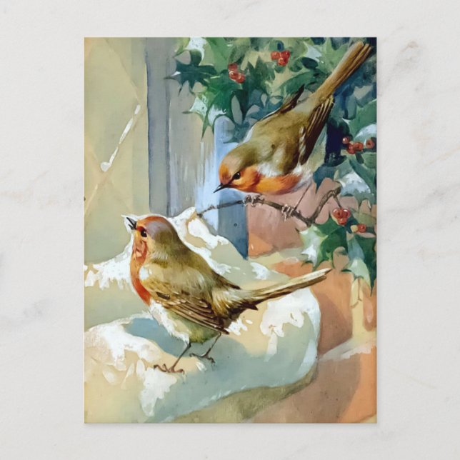 Cartes Pour Fêtes Annuelles Deux Robins Sur La Neige Couvert Holly (Devant)