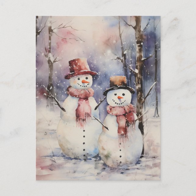 Cartes Pour Fêtes Annuelles Deux Snowmen en Casquette et Écarts Noël (Devant)