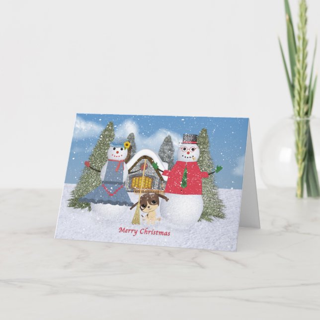 Cartes Pour Fêtes Annuelles Deux Snowmen et un chien (Devant)