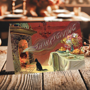 Cartes Pour Fêtes Annuelles Dîner de la fête de Thanksgiving au chat vintage p