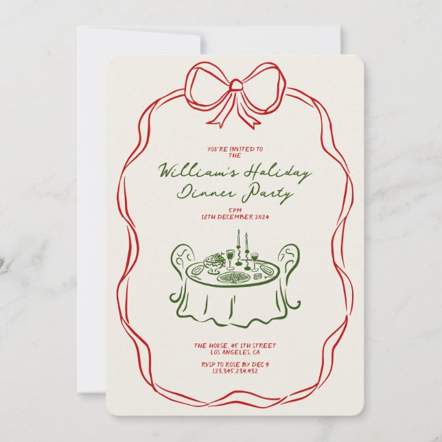 Cartes Pour Fêtes Annuelles Dîner de Noël Whimsical Vert et Rouge (Devant)