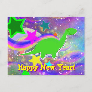 Cartes Pour Fêtes Annuelles Dinosaur Stars & Swirls Happy New Year Postcard