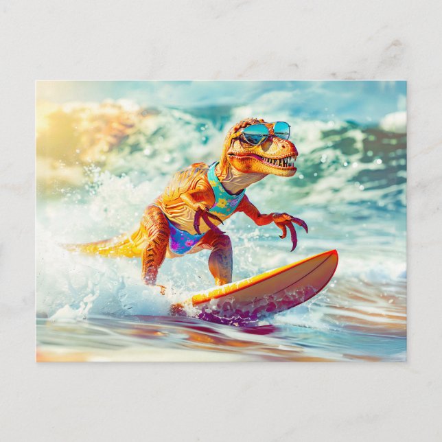Cartes Pour Fêtes Annuelles Dinosaure Surfing Big Wave (Devant)