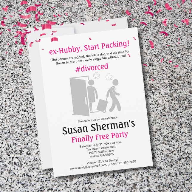 Cartes Pour Fêtes Annuelles Divorce Party Enfin Gratuit Feminine rose drôle (Throw her a Finally Free ex-Hubby, Start Packing! divorce party to celebrate her new-found freedom.)