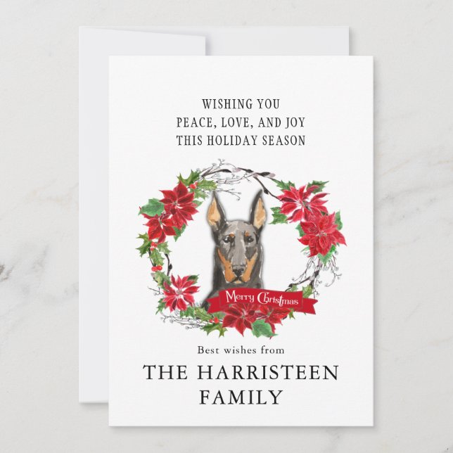 Cartes Pour Fêtes Annuelles Doberman Aquarelle Poinsettia Wreath Noël (Devant)