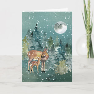 Cartes Pour Fêtes Annuelles Doe Fawn Deer Forest Pleine lune Snowfall Aquarell