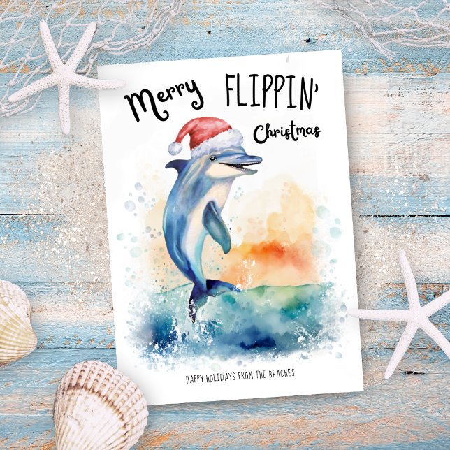 Cartes Pour Fêtes Annuelles Dolphin Père Noël Joyeux Flippin' Christmas Beach (Créateur téléchargé)