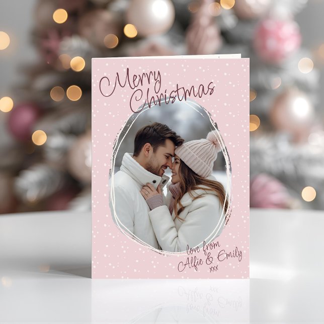 Cartes Pour Fêtes Annuelles Doodle rose romantique photo Joyeux Noël plié (Romantic pink snowy hand drawn Merry Christmas Photo Folded Christmas Card - easily personalised)