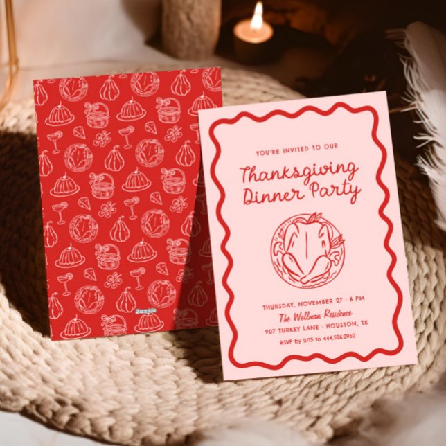 Cartes Pour Fêtes Annuelles Doodle rouge vif rose main Thanksgiving (Créateur téléchargé)