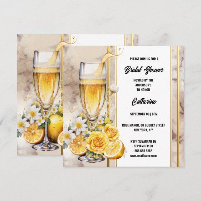 Cartes Pour Fêtes Annuelles Douche nuptiale vin mousseux citron rose élégant (Devant / Derrière)